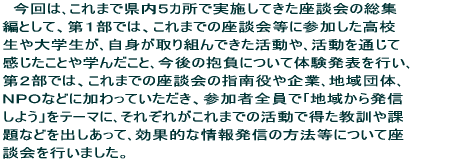 ����́A����܂Ō����T�J���Ŏ��{���Ă������k��̑��W  �҂Ƃ��āA��P���ɂ���܂ł̍��k��ɎQ���������Z����  ��w�����A���g�����g��ł����������f����p���ďЉ�  ���A������ʂ��Ċ��������Ƃ�w�񂾂��ƁA����̕����ɂ���  �q�ׂ��u�킩���̂���̑̌����\�v���s���A��Q���ɂ���܂ł�  ���k��̎w������ƁA�n��c�́A�m�o�n�ȂǎQ���ґS��  �Łu�n�悩�甭�M���悤�v���e�[�}�ɁA����܂ł̊����œ�����  �P��ۑ�Ȃǂ��o�������āA���ʓI�ȏ�񔭐M�̕��@�ɂ�  �Č�荇���u���k��v���s���܂����B